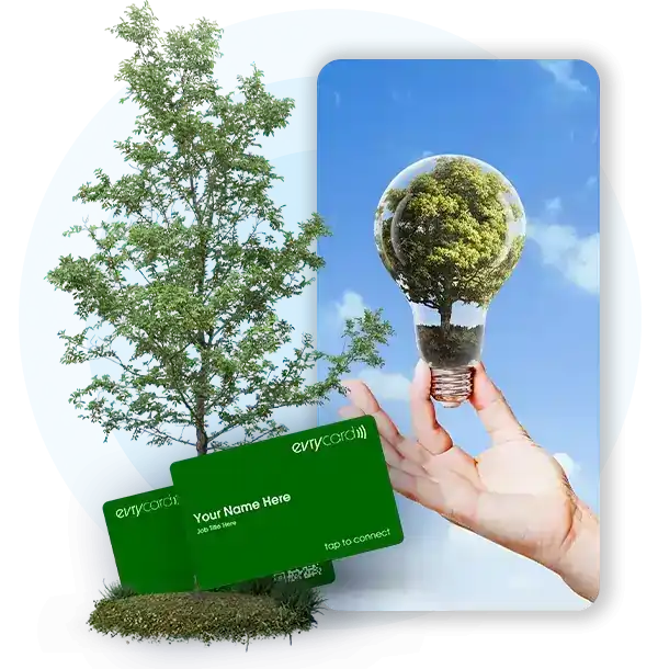 Sustainable digital business card with green Evrycard and eco-friendly lightbulb concept