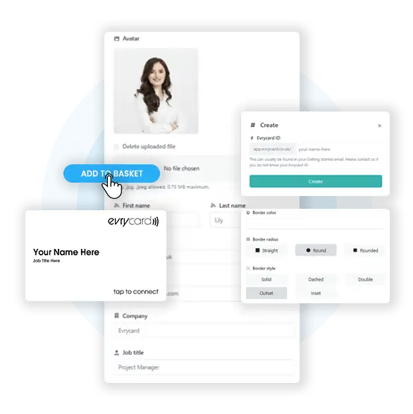 Evrycard dashboard with profile photo upload, card preview, and customization options