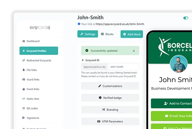 Evrycard dashboard interface with digital business card profile preview and customization options