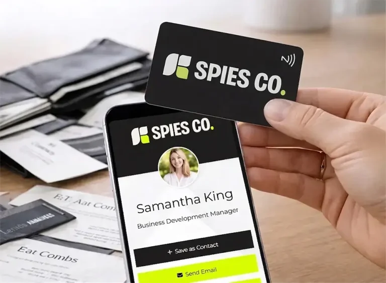 Hand holding an NFC business card tapping a smartphone to instantly share digital contact profile
