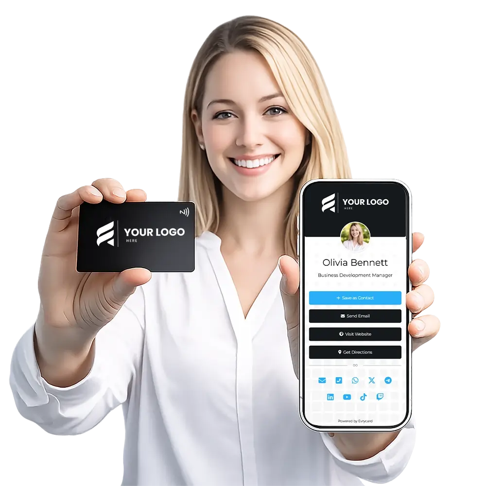 woman holding NFC business vCard and smartphone showing digital contact profile