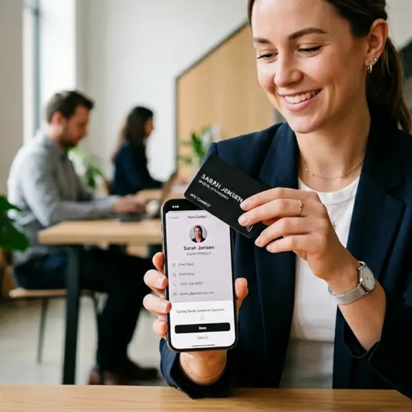 person tapping NFC business vCard on smartphone to share contact details instantly