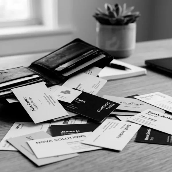 stack of paper business cards on desk compared to modern NFC business vCard concept